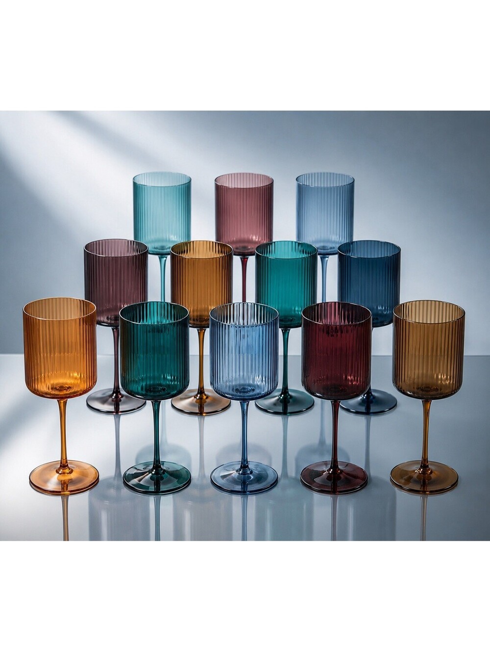 Khen Set Of 12 Tonal Ribbed Square Wine Glasses Multicolor, 3x9"